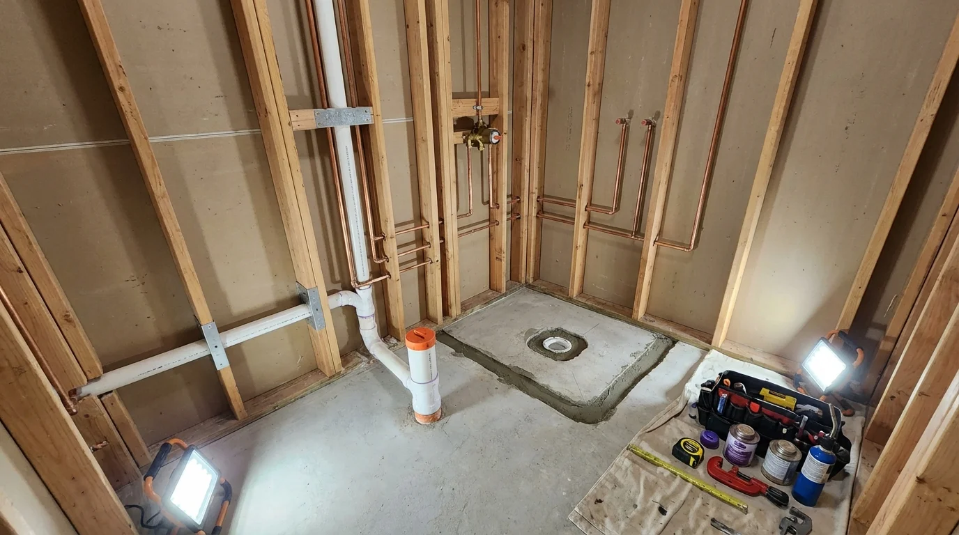 Bathroom rough-in plumbing during remodel by Johns Plumbing LLC in Spring