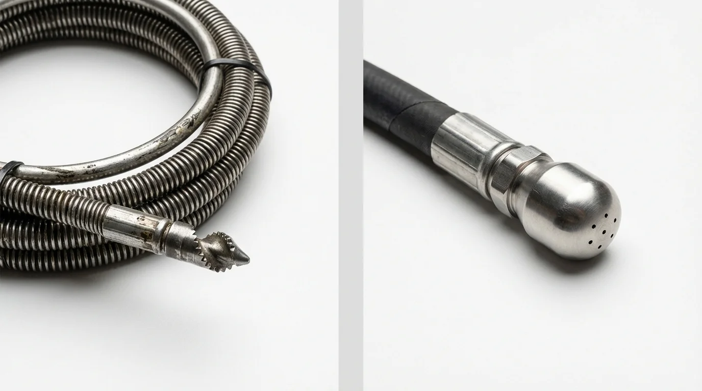 Drain snake cable and hydro jetting nozzle used for drain cleaning in Spring, TX