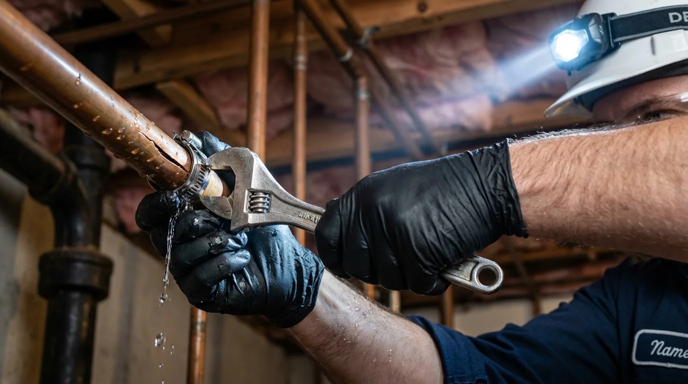 Emergency pipe clamp repair being performed by a Johns Plumbing LLC plumber in Spring