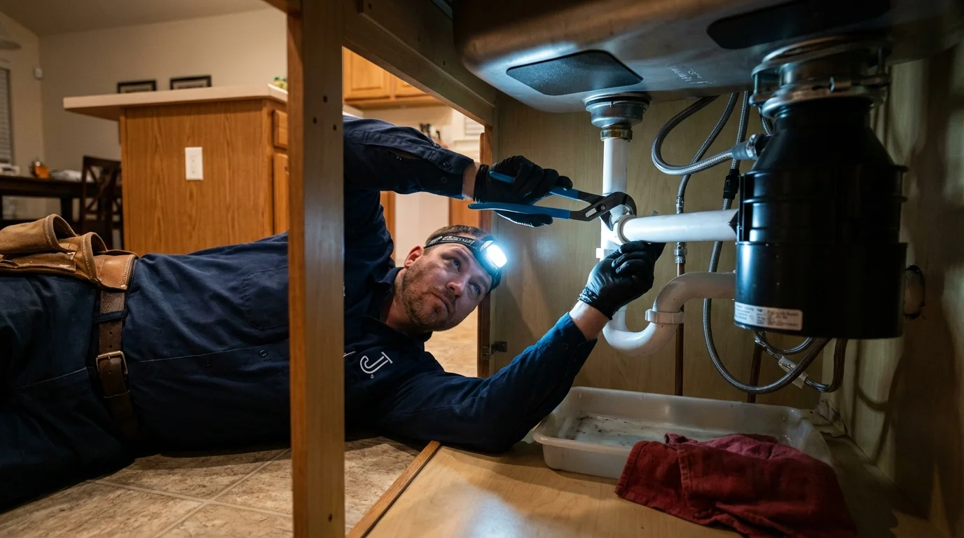P-trap and supply line connections under a kitchen sink showing a common leak point in Spring, TX